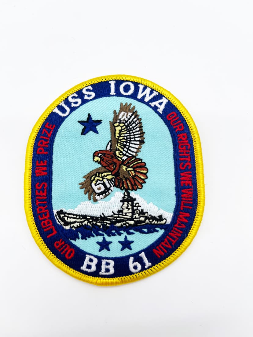 USS Iowa BB-61 Battleship Patch – "The Big Stick" Lead Ship – 4" Circular Sew-On Emblem with Plastic Backing – US Navy BB-61 Iowa-Class Warship Insignia