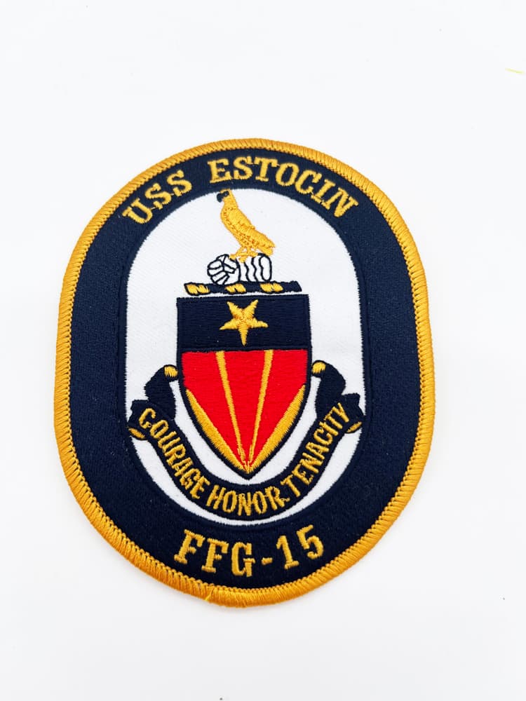 USS Estocin FFG-15 Guided Missile Frigate Patch – "Fearless in Spirit" – 4" Circular Sew-On Emblem with Plastic Backing – US Navy FFG-15 Perry-Class Greyhound Insignia