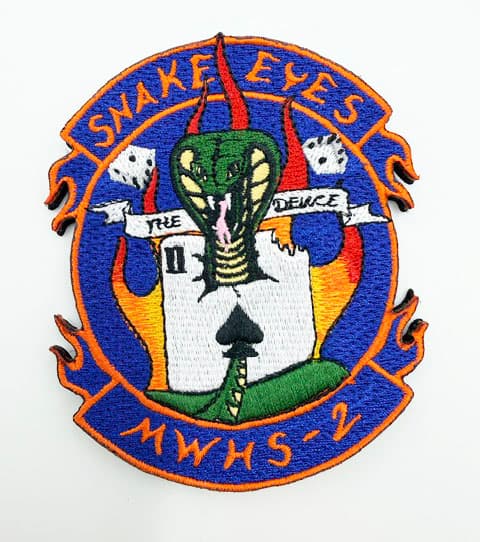 MWHS-2 "Snake Eyes" Squadron Patch, 4" Embroidered Sew-On Command Emblem with Plastic Backing, Historic USMC Marine Wing Headquarters Squadron 2 Insignia