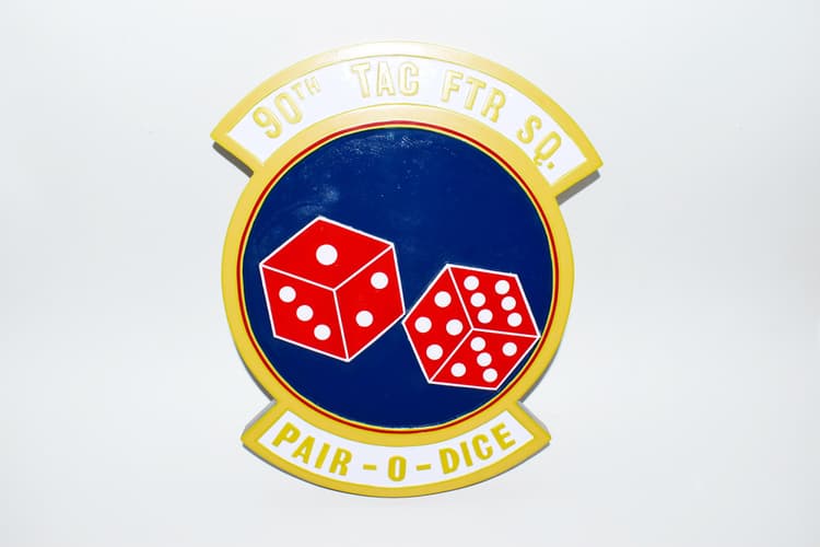 90th Tactical Fighter Squadron, Pair O Dice, 14 inch Mahogany Plaque