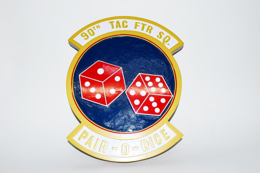 90th Tactical Fighter Squadron, Pair O Dice, 14 inch Mahogany Plaque