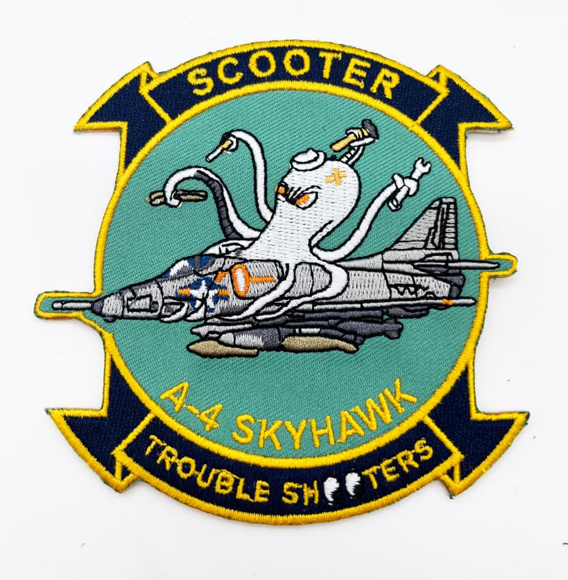 A-4 Skyhawk Scooter Trouble Shooter Patch, Heinemann's Hot Rod Aviation Insignia, 4" Circular Tactical Emblem with Hook and Loop Backing, US Navy and Marine Corps Attack Pilot Badge