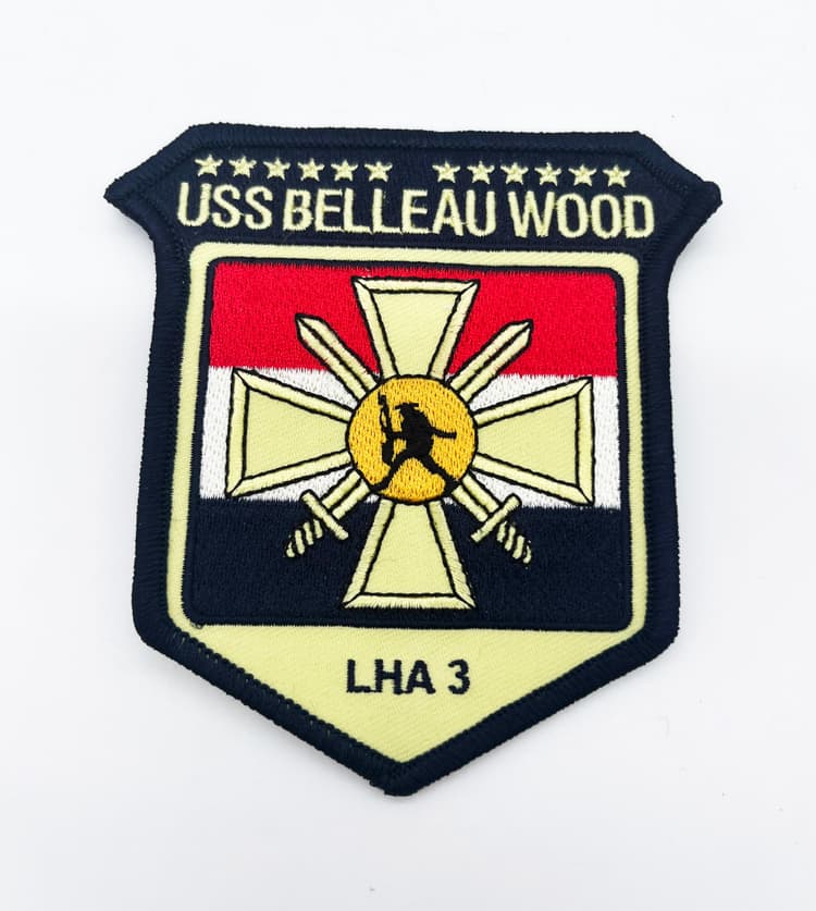 USS Belleau Wood (LHA-3) Ship Patch, 4 Circular Embroidered Sew-On Emblem, US Navy Tarawa-Class Amphibious Assault Ship Devil Dog Heritage Insignia