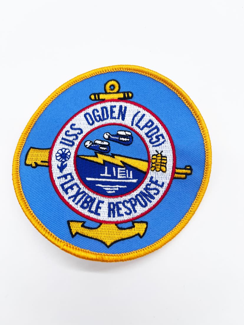 USS Ogden LPD-5 Ship Patch – Austin-Class Heritage Insignia – 4 Circular Sew-On Emblem with Plastic Backing – US Navy Decommissioned Amphibious Transport Dock Patch