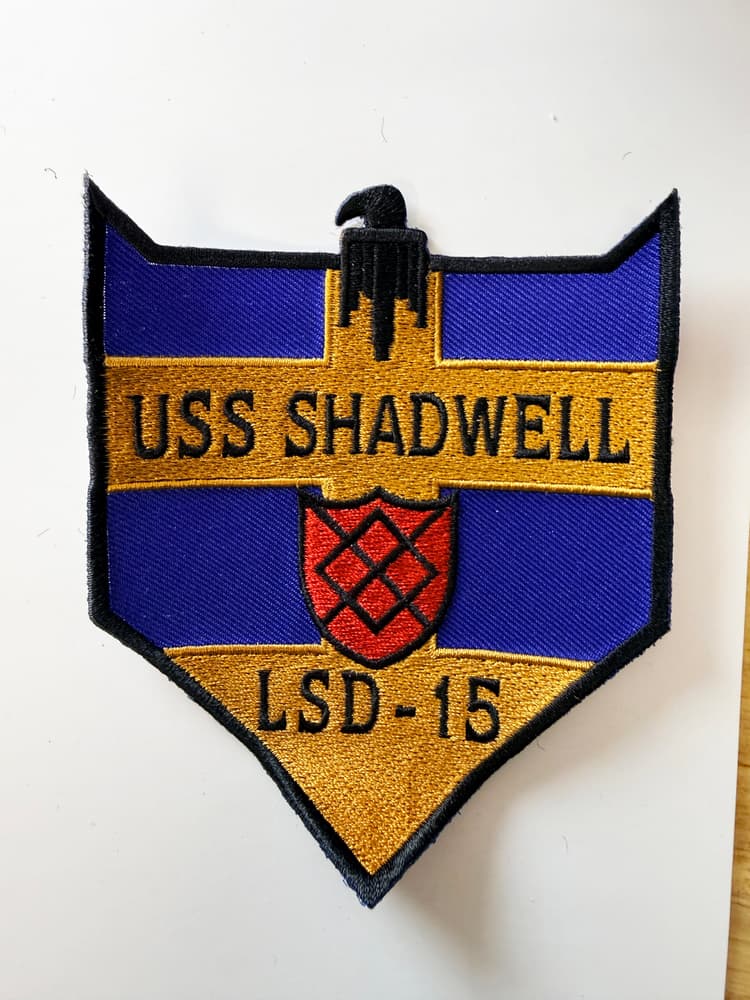 USS Shadwell LSD-15 Ship Patch – WWII & Fire Research Heritage Insignia – 4.5 Extra-Large Sew-On Emblem with Plastic Backing – US Navy Casa Grande-Class Dock Landing Ship Patch