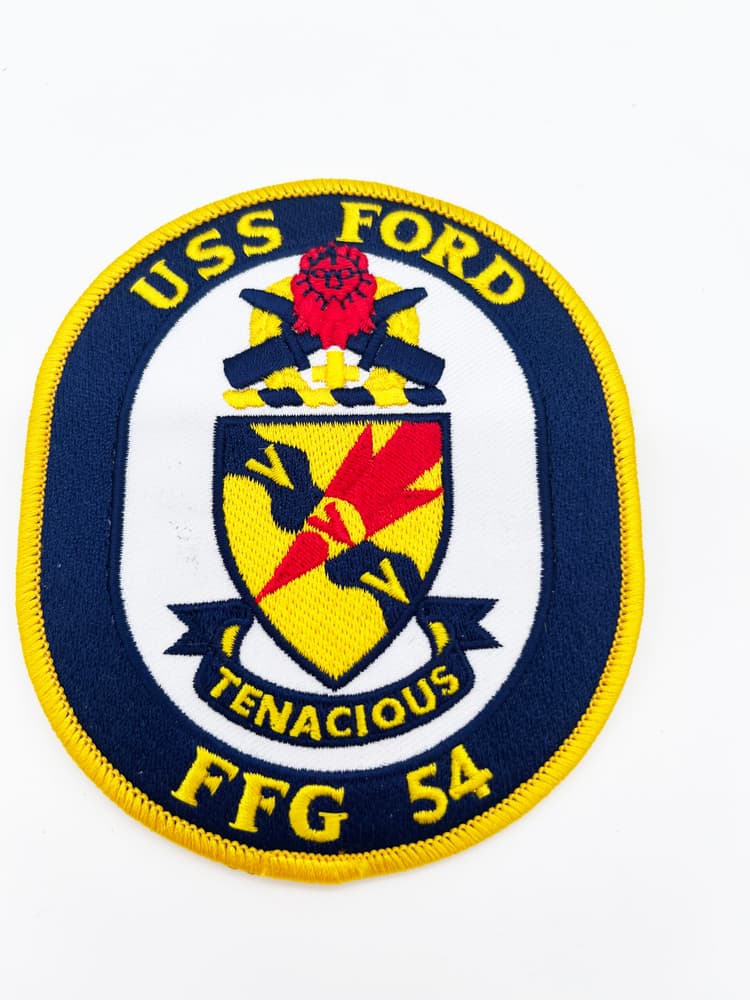 USS Ford patch, FFG-54 insignia, Perry class frigate, US Navy frigate sew on, FFG-54 ship crest, Greyhound of the Fleet, 4 inch navy ship patch, Patrick Osborne Ford namesake, Tin Can sailor, ASW frigate patch, Navy veteran gift.