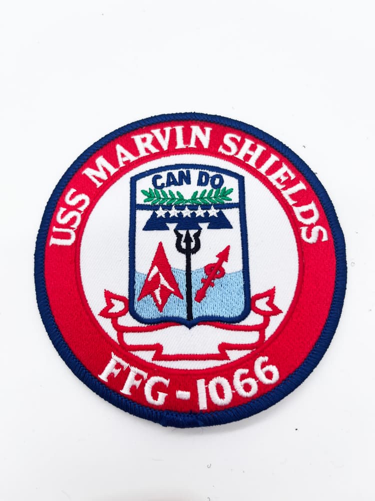 USS Marvin Shields FFG-1066 Frigate Patch – "Spirit of the Seabees" – 4" Circular Sew-On Emblem with Plastic Backing – US Navy FFG-1066 Knox-Class Sub-Hunter Insignia
