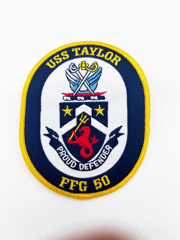 USS Taylor patch, FFG-50 insignia, Perry class frigate, US Navy frigate sew on, FFG-50 ship crest, Greyhound of the Fleet, 4 inch navy ship patch, Jesse J Taylor namesake, Tin Can sailor, ASW frigate patch, Navy veteran gift.