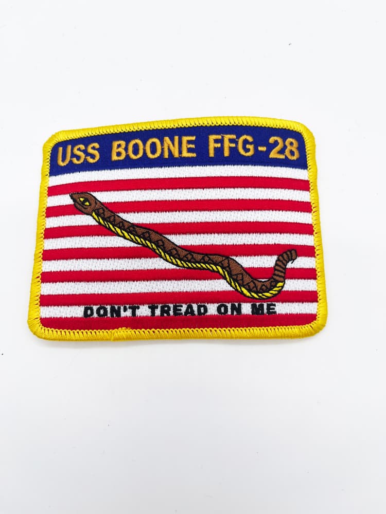 USS Boone FFG-28 Guided Missile Frigate Patch – Brave and Resolute – 4 Circular Sew-On Emblem with Plastic Backing – US Navy FFG-28 Perry-Class Greyhound Insignia