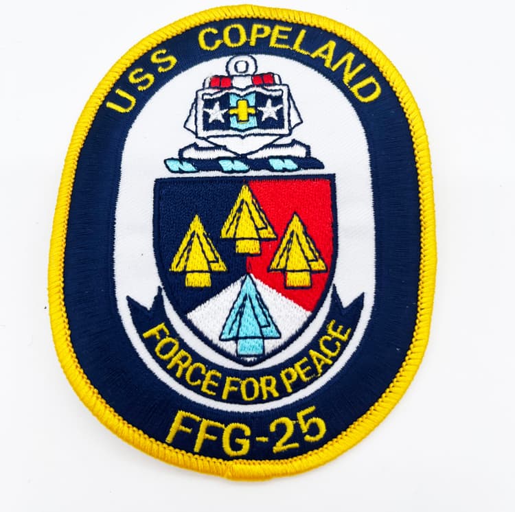 USS Copeland FFG-25 Guided Missile Frigate Patch – Skill, Spirit, Sacrifice – 4 Circular Sew-On Emblem with Plastic Backing – US Navy FFG-25 Perry-Class Greyhou (1)