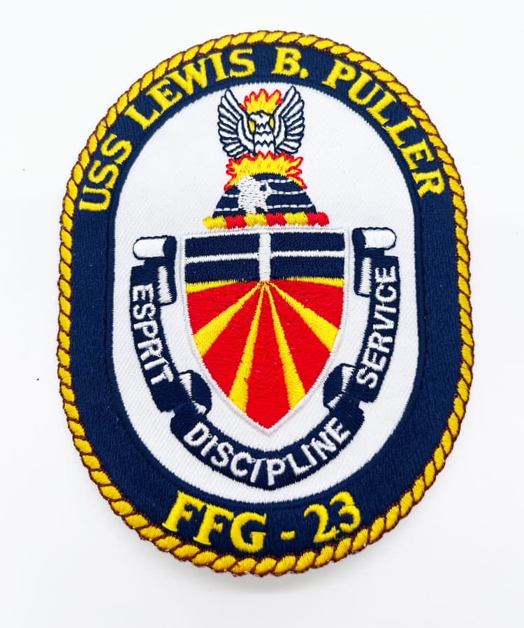 USS Lewis B Puller patch, FFG-23 insignia, Perry class frigate, US Navy frigate sew on, FFG-23 ship crest, Greyhound of the Fleet, 4 inch navy ship patch, Chesty Puller namesake, Tin Can sailor, ASW frigate patch, Navy veteran gift.