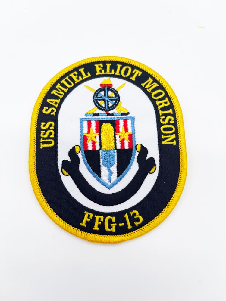 USS Samuel Eliot Morison FFG-13 Frigate Patch – History Will Write Our Deeds – 4 Circular Sew-On Emblem with Plastic Backing – US Navy FFG-13 Perry-Class Greyho (1)