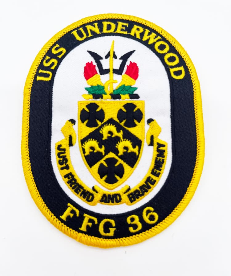 USS Underwood FFG-36 Guided Missile Frigate Patch – "Follow On With Tenacity" – 4" Circular Sew-On Emblem with Plastic Backing – US Navy FFG-36 Perry-Class Greyhound Insignia