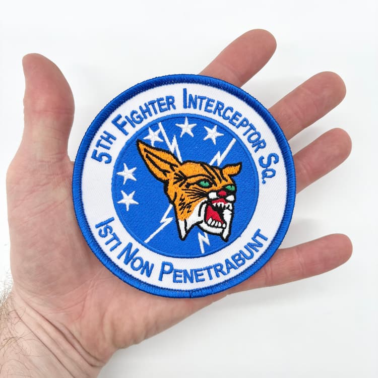 5th Fighter Interceptor Squadron Patch, "Spittin' Kittens" Heritage, 4" Circular Embroidered Iron-On or Sew-On Emblem, US Air Force Air Defense Command F-106 and F-15 Eagle Insignia