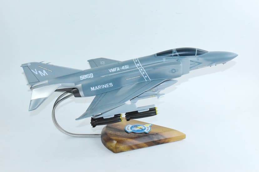 VMFA-451 Warlords F-4S Phantom II (1985) 138 Scale Mahogany Model, 18 Premium Hand-Carved Desktop Fighter Replica, Historic USMC Tailhook Era Display