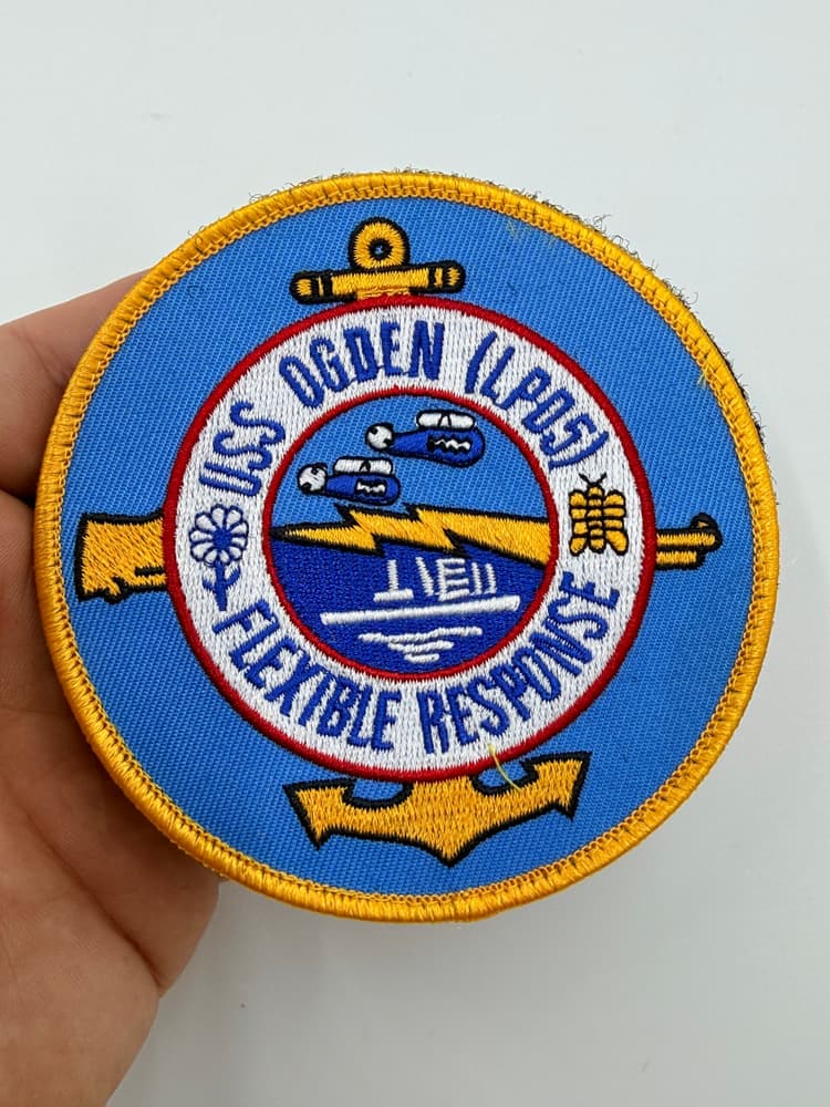 USS Ogden LPD-5 hook-and-loop patch, front in hand view