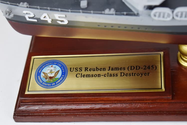 USS Reuben James (DD-245) Clemson-Class Destroyer 18" Mahogany Model, Handcrafted Historic Four-Stacker Replica, Pre-WWII Neutrality Patrol Naval Display