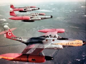 U.S. Air Force Northrop F-89D-45-NO Scorpion interceptors of the 59th Fighter Interceptor Squadrons, Goose Bay AB, Labrador (Canada), in the 1950s. 52-1959 in foreground, now in storage at Edwards AFB, California