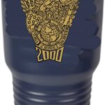 Navy Blue Tumbler – 30 oz. Stainless Steel Double Wall –- vacuum insulated for maximum heat and cold retention. Clear lid included. Narrow design fits most cup holders. Engraved in Gold.
