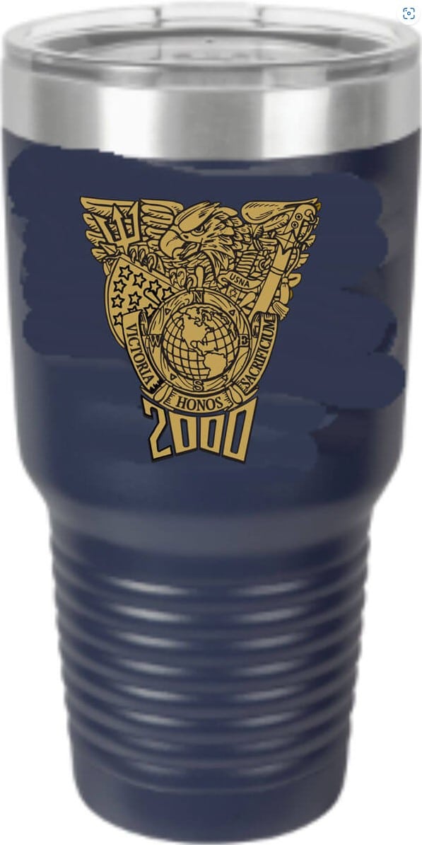 Navy Blue Tumbler – 30 oz. Stainless Steel Double Wall –- vacuum insulated for maximum heat and cold retention. Clear lid included. Narrow design fits most cup holders. Engraved in Gold.